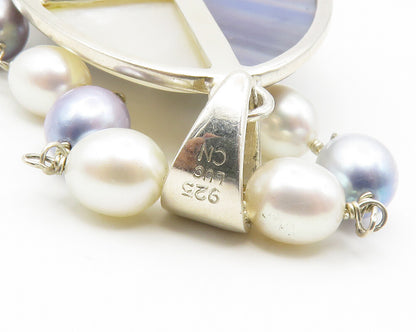 925 Silver  Blue & White Mother Of Pearl & Pearls Beaded Necklace  NE2310