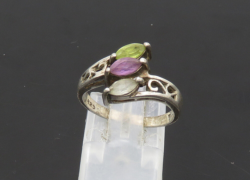 925 Silver  Vintage Amethyst Peridot & Blue Topaz Band Ring Sz 7  RG21205