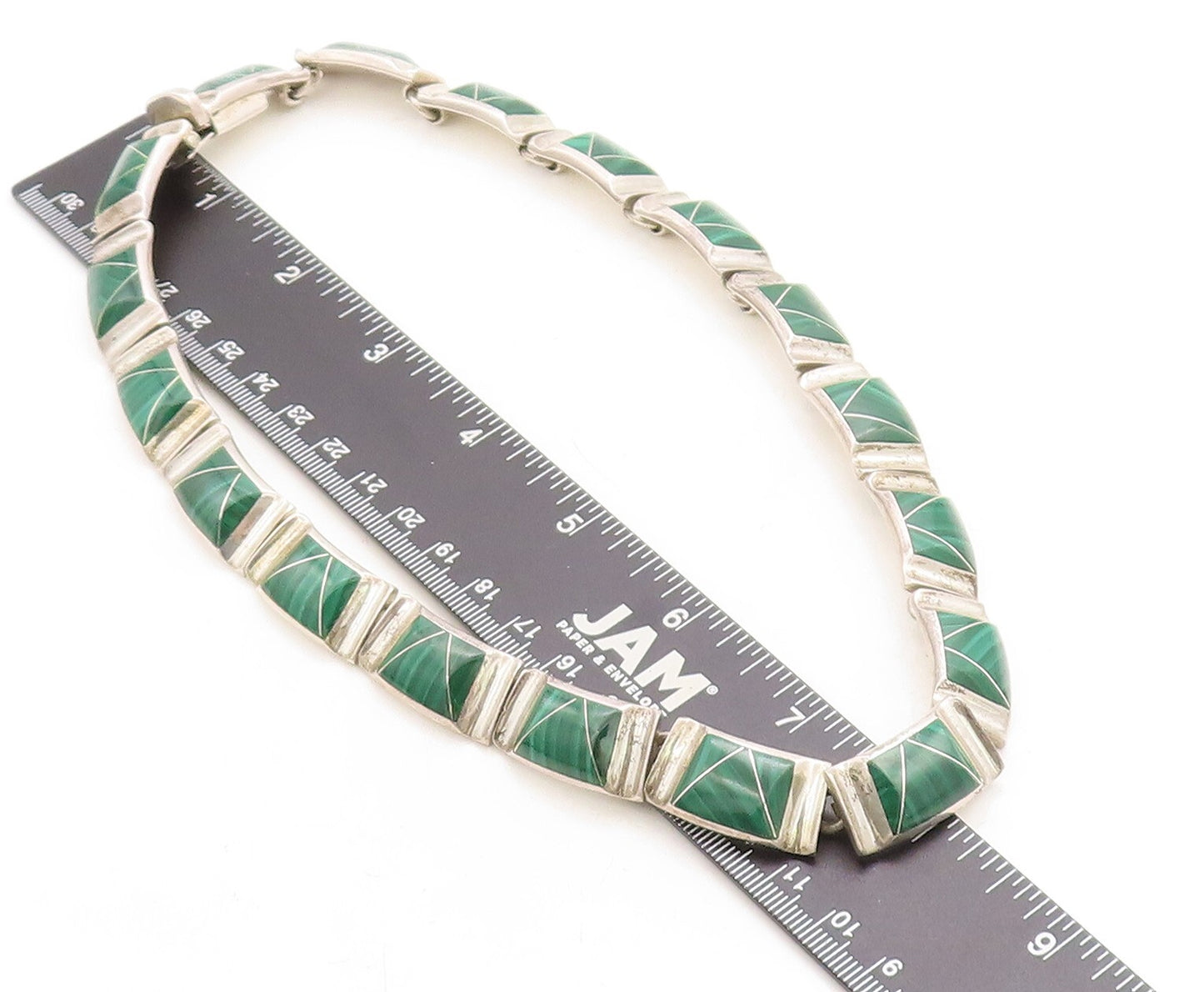 MEXICO 925 Sterling Silver  Vintage Malachite Heavy Chain Necklace  NE2134