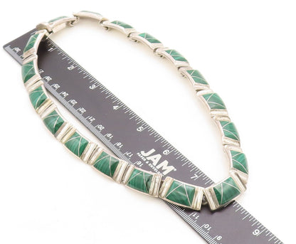 MEXICO 925 Sterling Silver  Vintage Malachite Heavy Chain Necklace  NE2134
