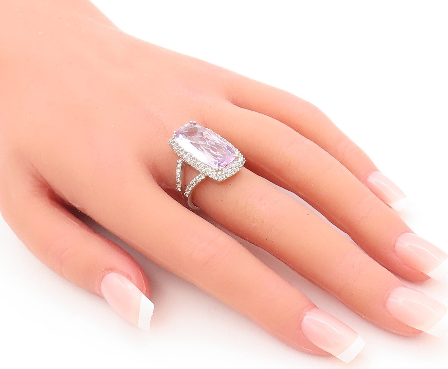 925 Sterling Silver Vintage Ring Large Rectangle Cut Amethyst Topaz Sz 7 RG29359