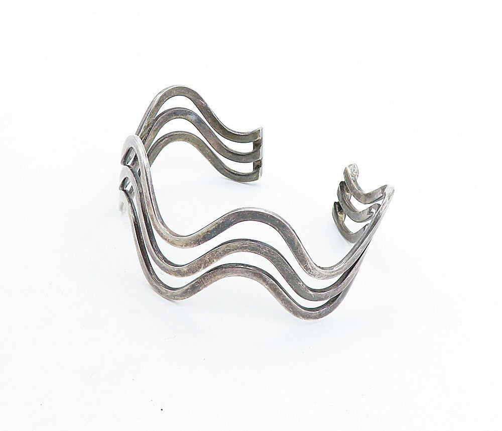 925 Sterling Silver  Vintage Dark Tone Wavy Split Shank Cuff Bracelet  BT2558