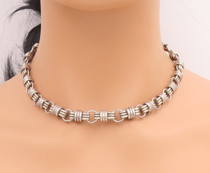 925 Sterling Silver Vintage Necklace Chunky Wrapped Barrel Link Chain  NE4720