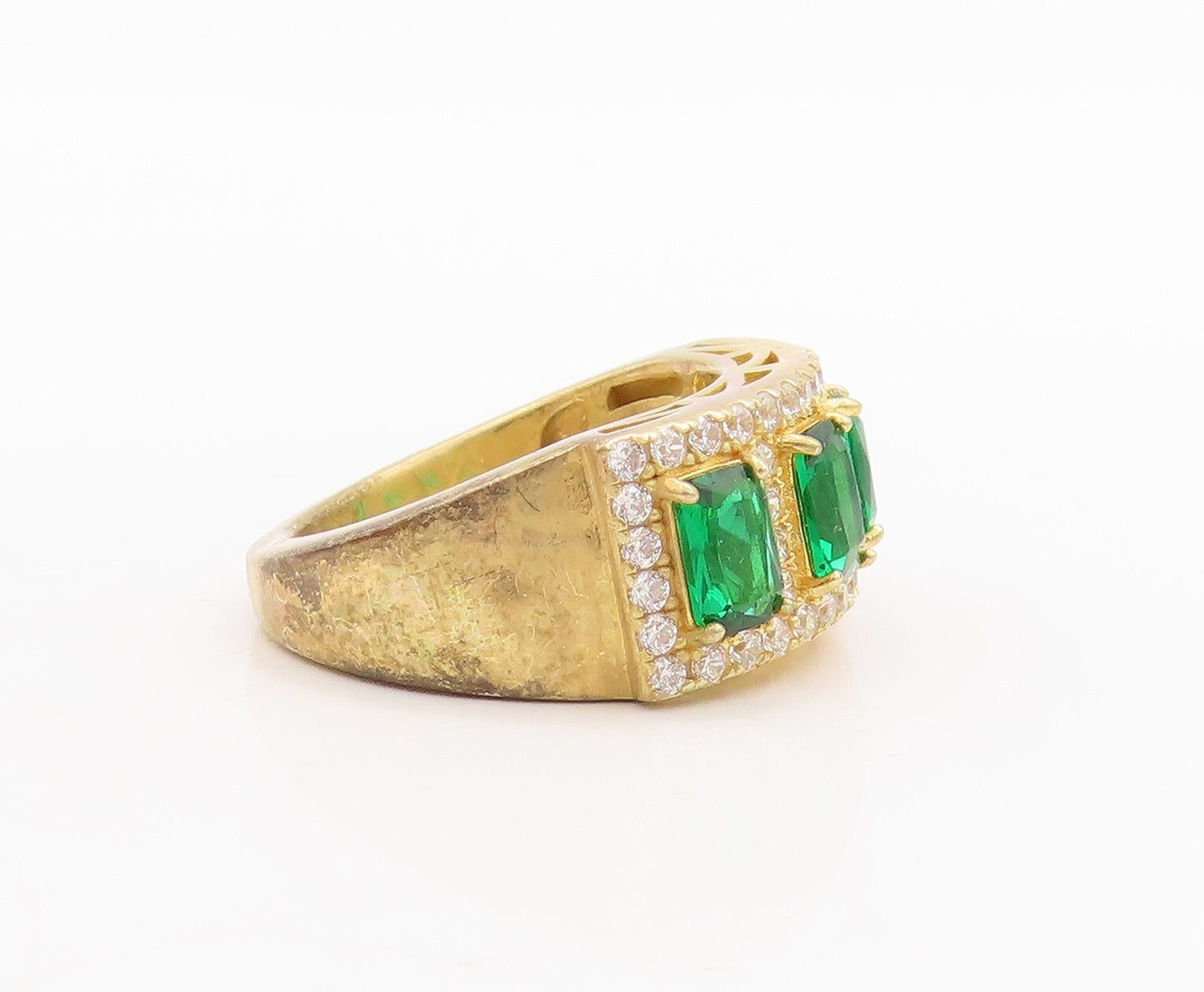 925 Sterling Silver Vintage Ring Gold Plated Green Halo White CZ  Sz 7  RG29768