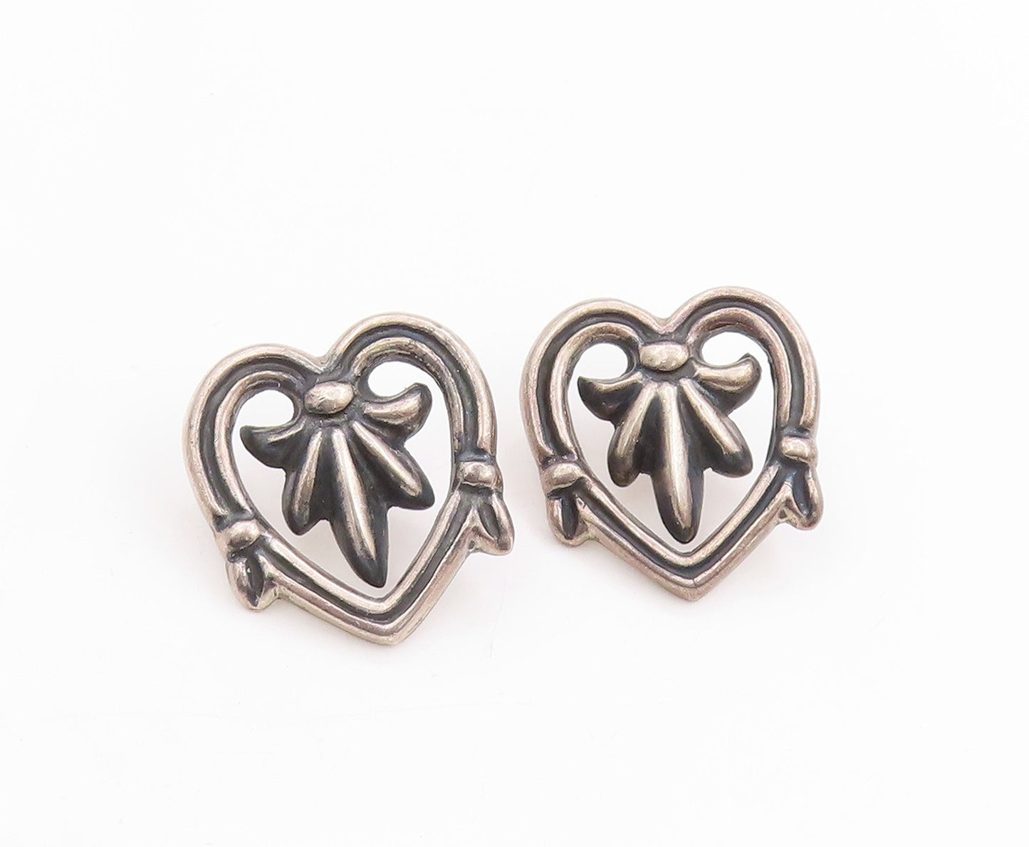 925 Sterling Silver Vintage Earrings MMA Dark Tone Floral Heart Studs  EG13668