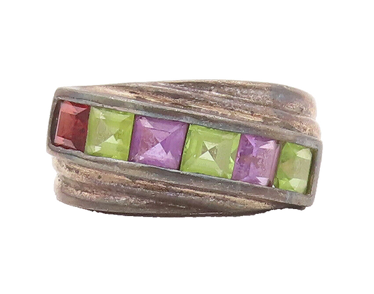 925 Sterling Silver Vintage Ring Slant Carved Multi Color Topaz  Sz 7  RG28011