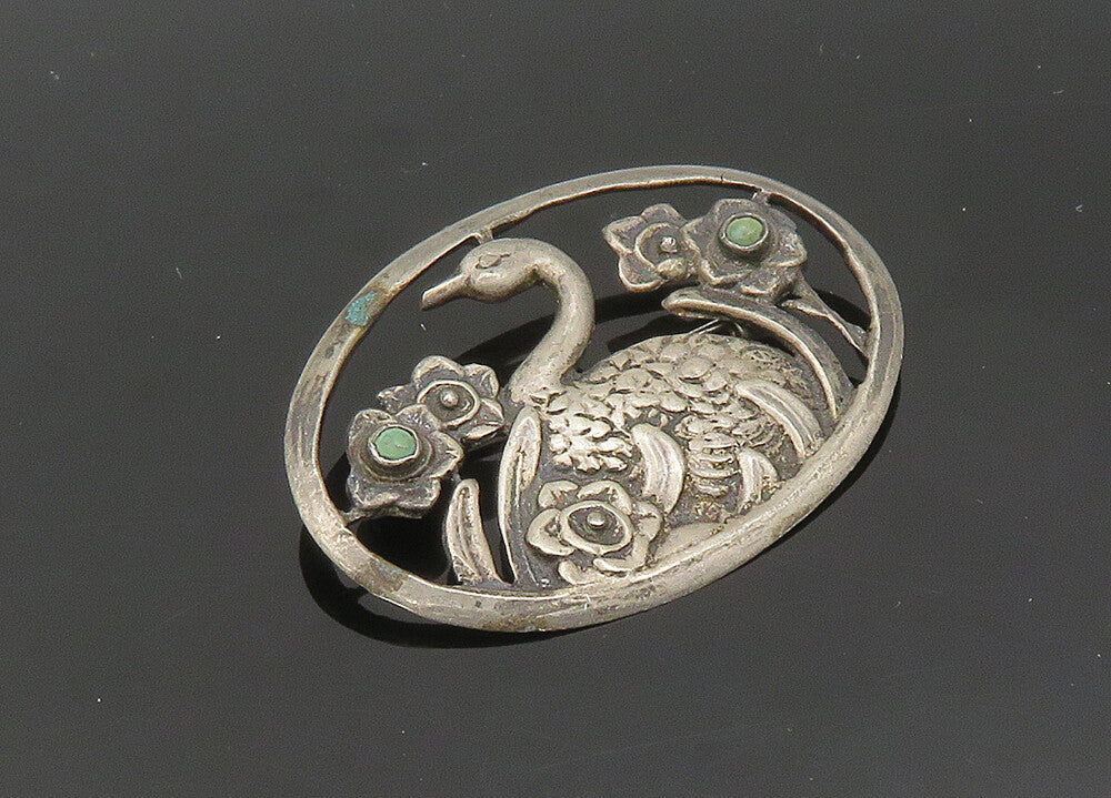 MEXICO 925 Silver  Vintage Antique Turquoise Floral Swan Brooch Pin  BP8148