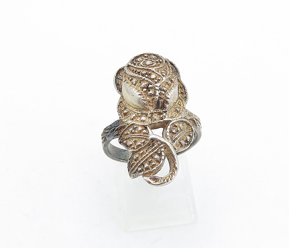 925 Sterling Silver  Vintage Dark Tone Rose Flower Motif Band Ring Sz 8 RG7097