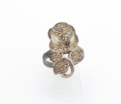 925 Sterling Silver  Vintage Dark Tone Rose Flower Motif Band Ring Sz 8 RG7097