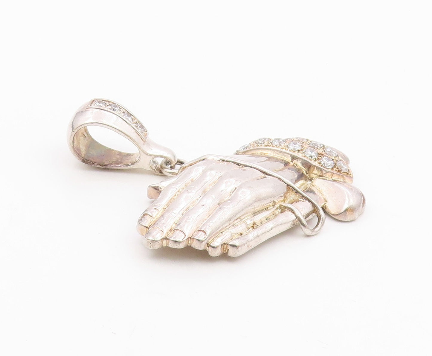 925 Silver  Vintage Cubic Zirconia Heavy Large Prayer Hands Pendant  PT19121