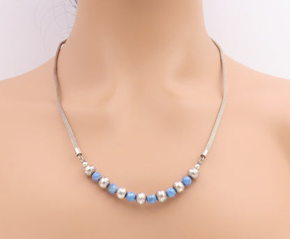 925 Sterling Silver Vintage Necklace Elegant Lapis Lazuli Beaded Choker  NE4771