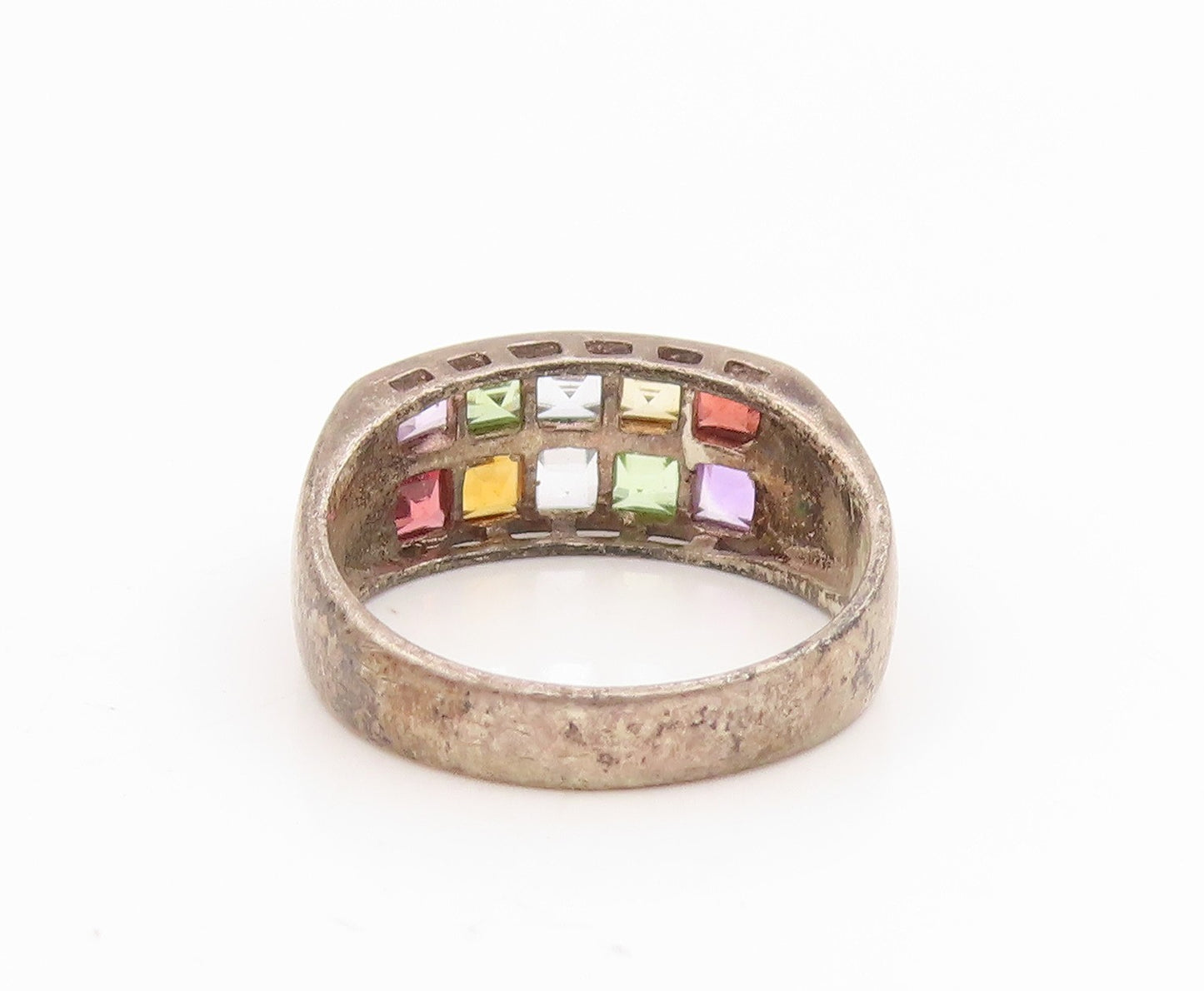 925 Sterling Silver Vintage Ring Multi Gemstone Geometric Band  Sz 8  RG35347