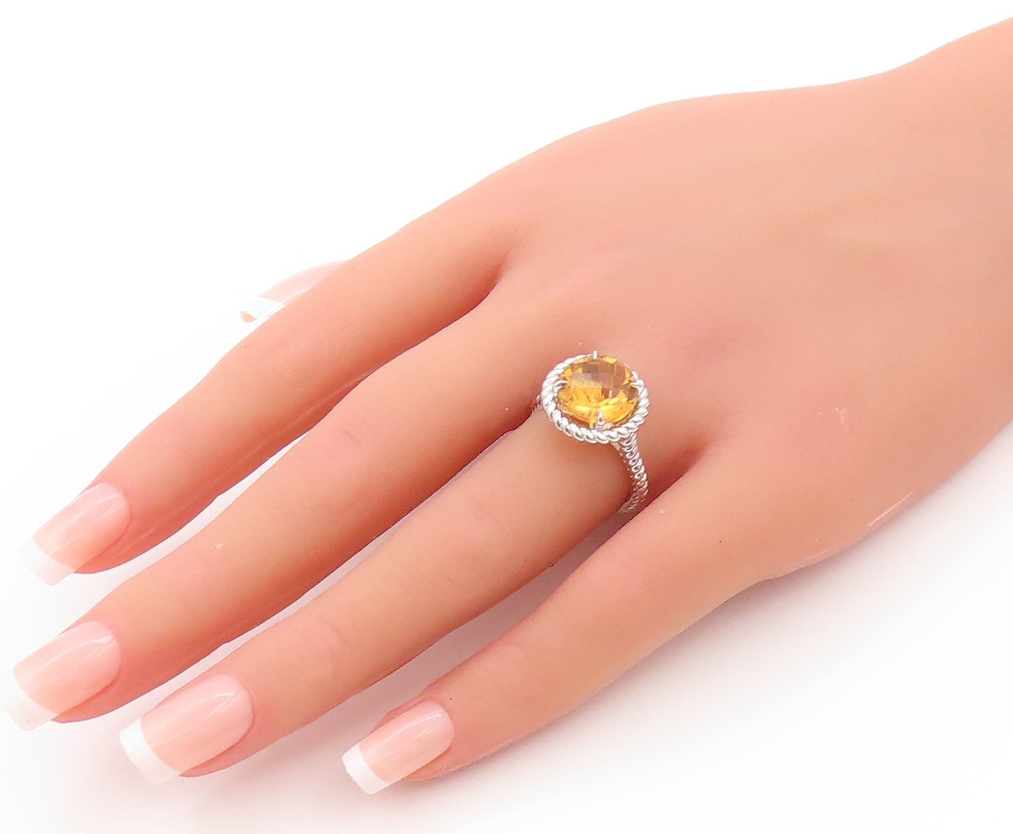 925 Sterling Silver Vintage Ring Round Citrine Halo Twisted Rope  Sz 6  RG32930
