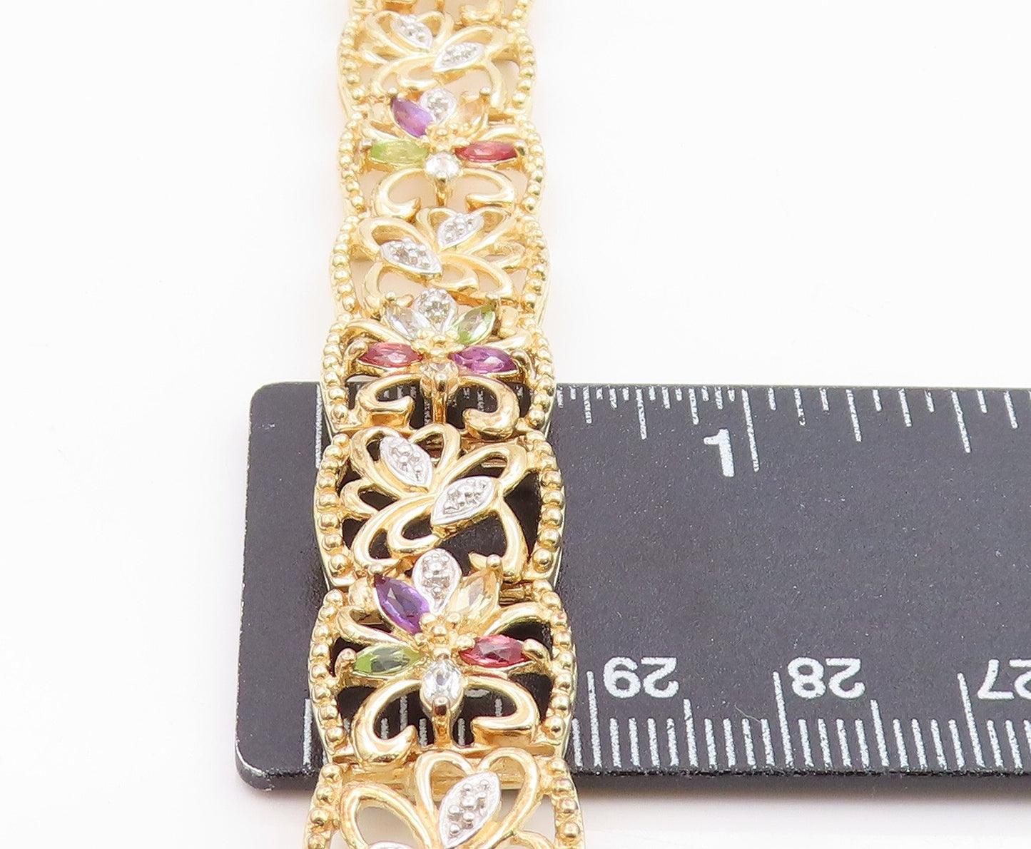 925 Sterling Silver Vintage Bracelet Gold Plated Gemstone Floral Link  BT12076