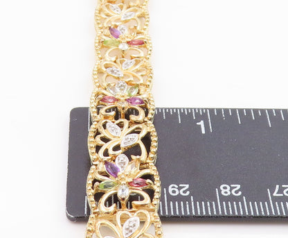 925 Sterling Silver Vintage Bracelet Gold Plated Gemstone Floral Link  BT12076