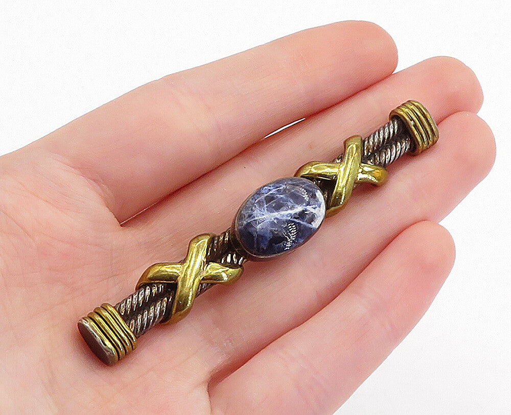 MEXICO 925 Sterling Silver  Vintage Sodalite Two Tone Twist Brooch Pin  BP1905