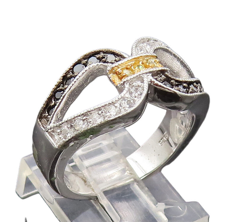 925 Silver  Vintage Inlay Black White & Golden CZ Lock Loop Ring Sz 7  RG27255