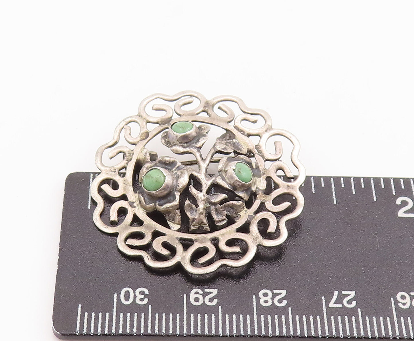 925 Sterling Silver Vintage Brooch Pin Cutout Round Turquoise Flower  BP11123
