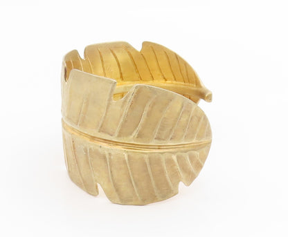 925 Sterling Silver Vintage Bracelet Gold Plated Feather Leaf Wide Cuff  BT11657