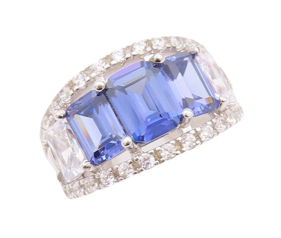 925 Sterling Silver Vintage Ring Designer Cutout Sapphire & Topaz Sz 7.5 RG30058