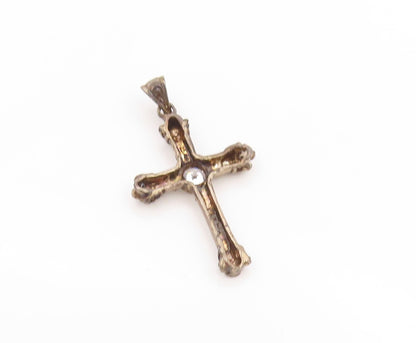 925 Sterling Silver Vintage Pendant Round CZ Bold Religious Cross Charm  PT25830