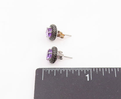 925 Sterling Silver Vintage Earrings Round Amethyst & Halo Spinel Studs  EG14146
