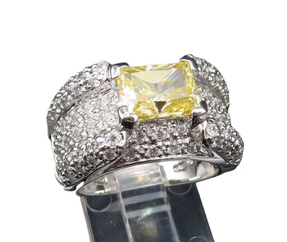 925 Silver  Vintage Emerald Cut Citrine & Cubic Zirconia Ring Sz 7.5  RG25498