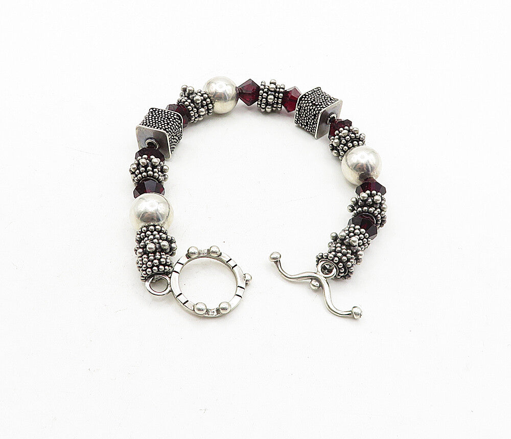 DESIGNER 925 Silver  Vintage Garnet Beaded Cluster Chain Bracelet  BT1644