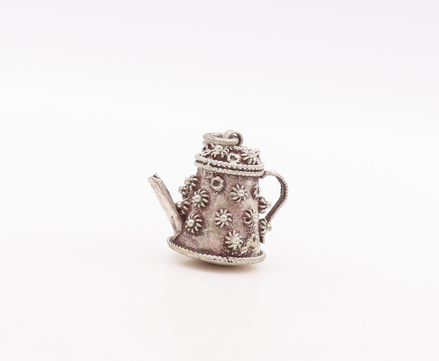 925 Sterling Silver Vintage Pendant Solid Coiled Floral Carved Tea Pot  PT23163