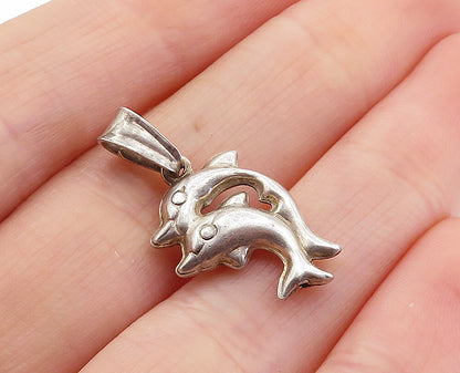 925 Sterling Silver  Vintage Petite Double Leaping Dolphin Love Pendant PT3902