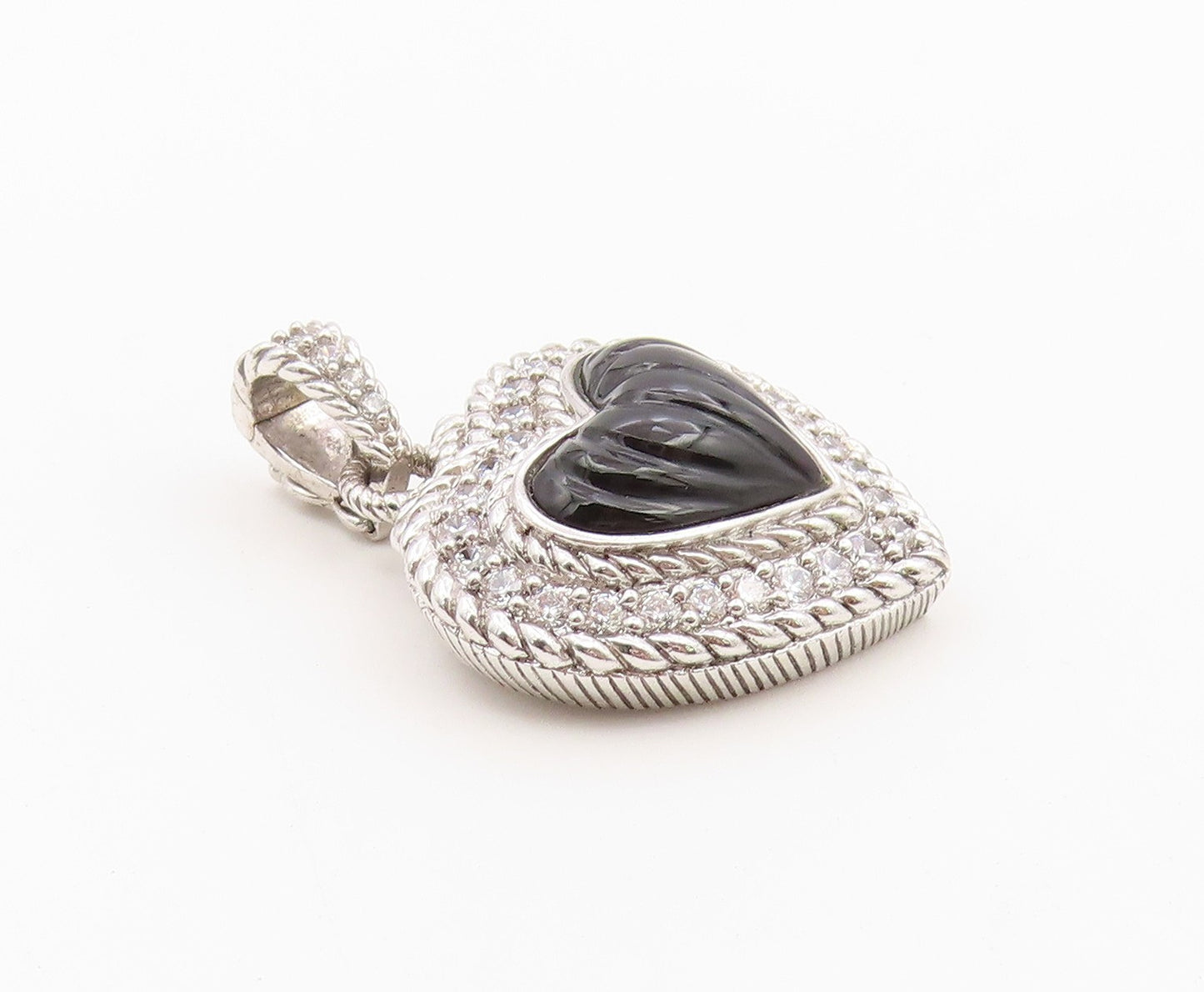 925 Sterling Silver Vintage Pendant JUDITH RIPKA Onyx & CZ Love Heart  PT26408