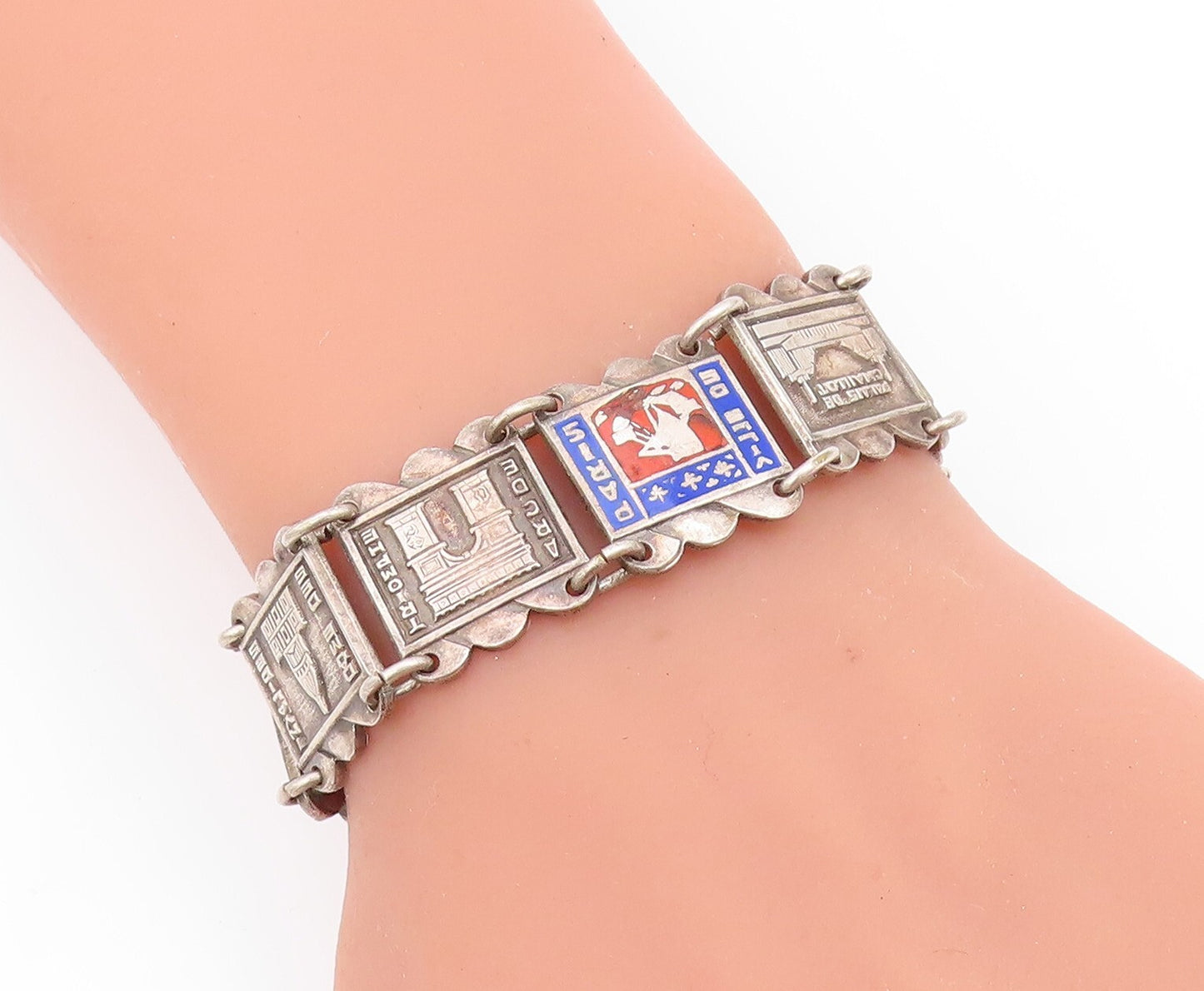 925 Sterling Silver Vintage Bracelet Dark Tone Carved France Monuments  BT11026