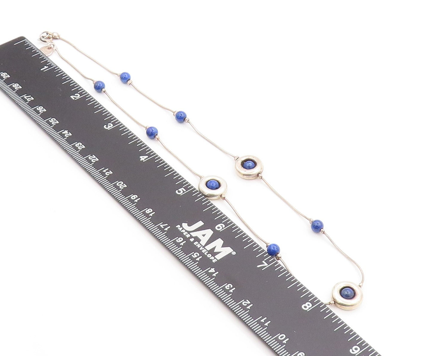 925 Sterling Silver Vintage Necklace Minimalist Chain With Blue Beads   NE4668
