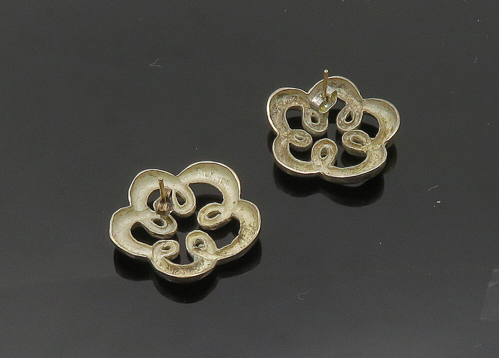 925 Sterling Silver & 14K GOLD  Vintage Open Flower Motif Drop Earrings EG9897