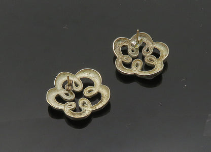 925 Sterling Silver & 14K GOLD  Vintage Open Flower Motif Drop Earrings EG9897