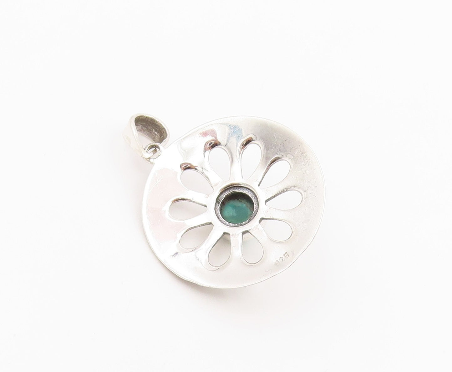 925 Sterling Silver Vintage Pendant Round Turquoise Floral Cutout Charm  PT25984