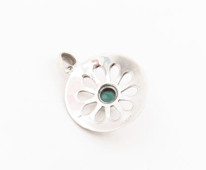 925 Sterling Silver Vintage Pendant Round Turquoise Floral Cutout Charm  PT25984