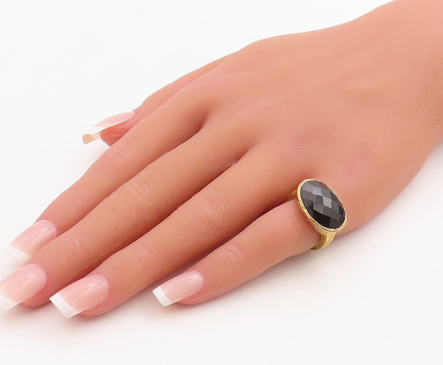 925 Sterling Silver Vintage Ring Gold Plated Oval Cut Onyx  Sz 5  RG30718