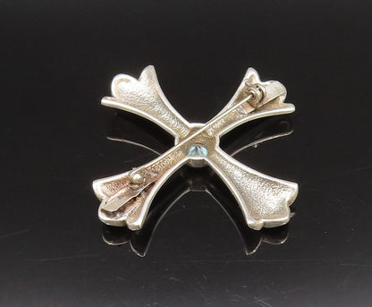 925 Sterling Silver  Vintage Fancy Blue Topaz Fluted Cross Brooch Pin  BP10067