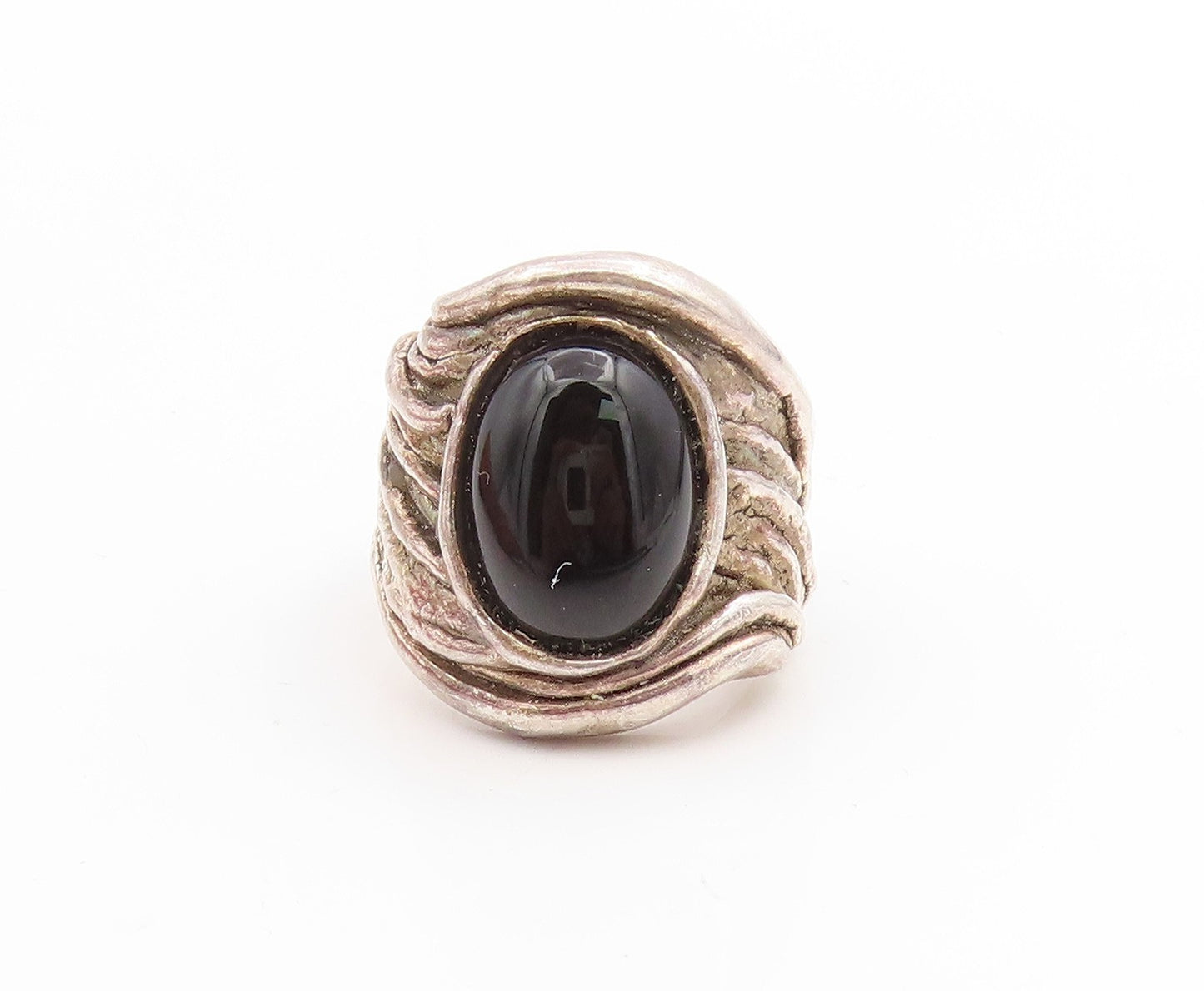 925 Sterling Silver Vintage Ring ISRAEL Oval Onyx Brutalist Band  Sz 10  RG34115