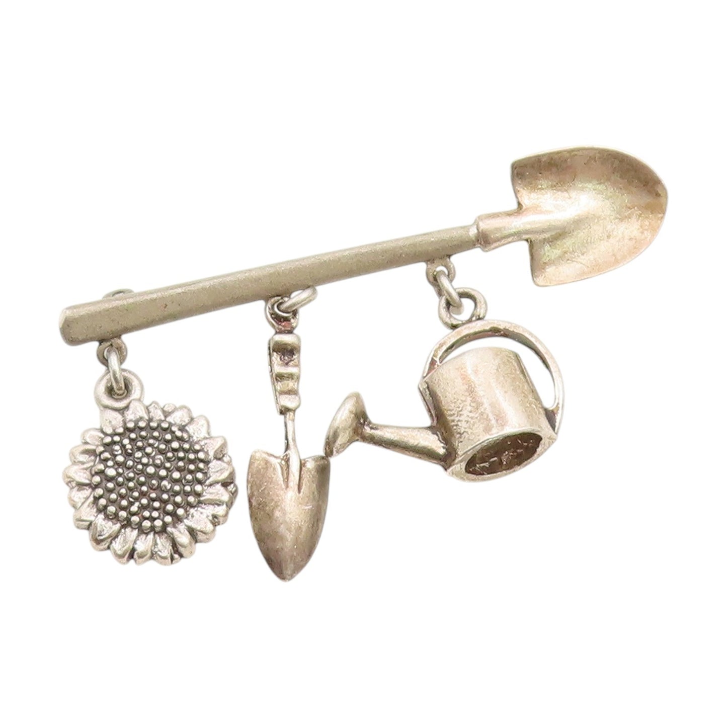 925 Sterling Silver Vintage Brooch Themed Watering Can Shovel Sunflower  BP11983
