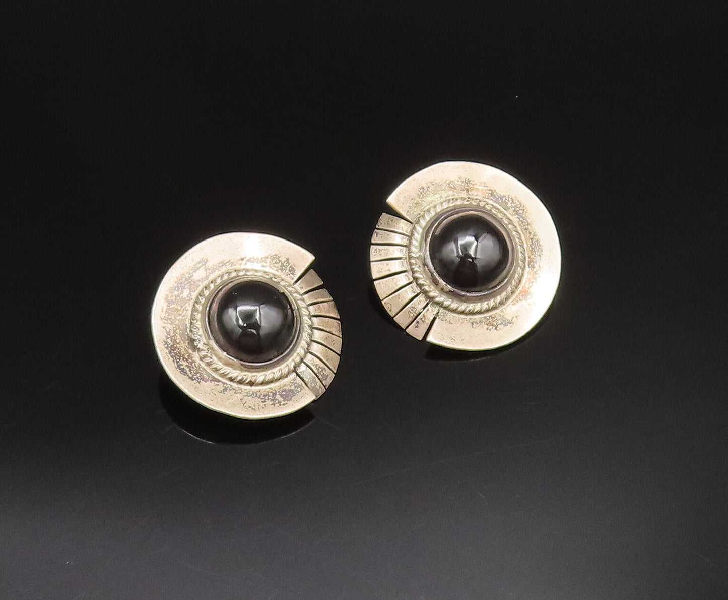 MEXICO 925 Silver  Vintage Round Black Onyx Non Pierced Earrings  EG11945
