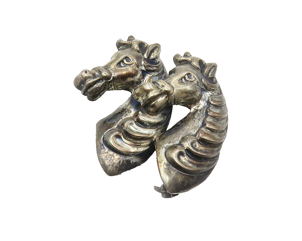 925 Sterling Silver  Vintage Dark Tone Double Horses Head Brooch Pin  BP5432
