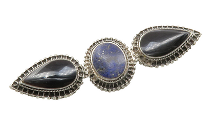 925 Sterling Silver  Vintage Black Onyx & Lapis Lazuli Brooch Pin  BP4772