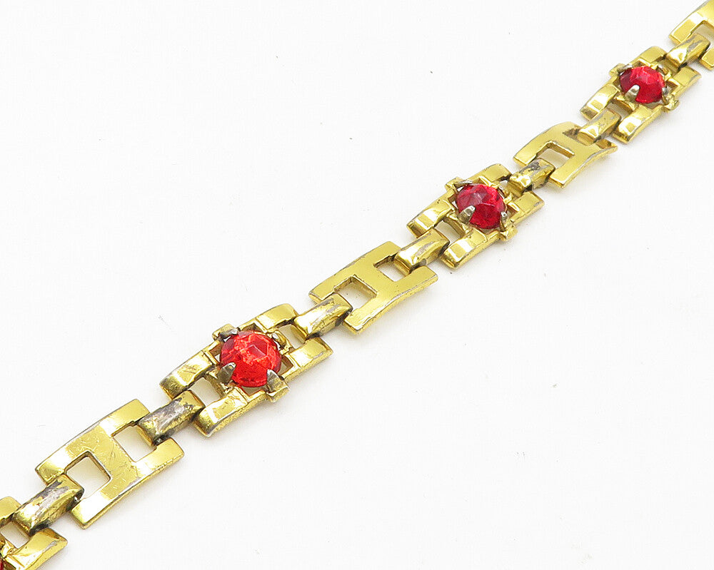 925 Sterling Silver  Vintage Red Topaz Gold Plated Chain Bracelet  BT7444