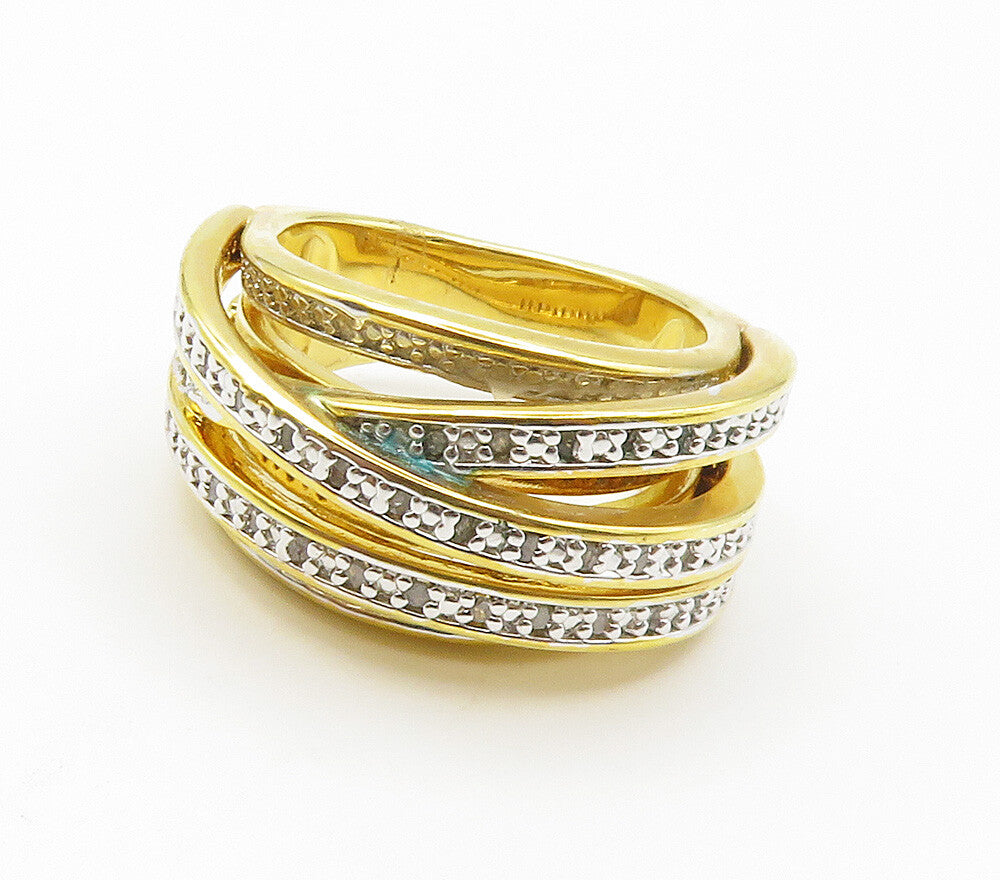 925 Sterling Silver  Genuine Diamonds Gold Plated Split Band Ring Sz 7 RG15536