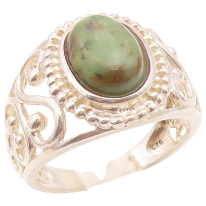 925 Sterling Silver Vintage Ring Cabochon Turquoise Openwork Band Sz 8.5 RG36579