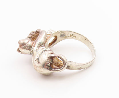 925 Sterling Silver Vintage Ring Modernist Playing Cat Motif Band  Sz 9  RG36099