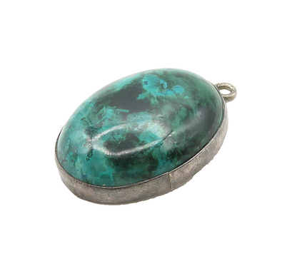 925 Sterling Silver  Vintage Cabochon Cut Chrysocolla Oval Pendant  PT12971