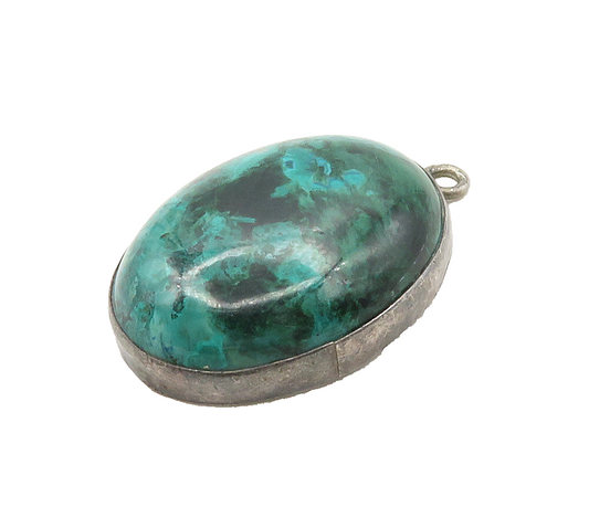 925 Sterling Silver  Vintage Cabochon Cut Chrysocolla Oval Pendant  PT12971